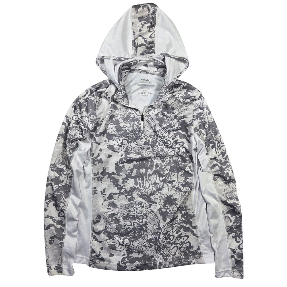 Huk‎ Mens Grey White Camo Performance Fishing 1/4 Zip Hoodie Shirt S Outdoors